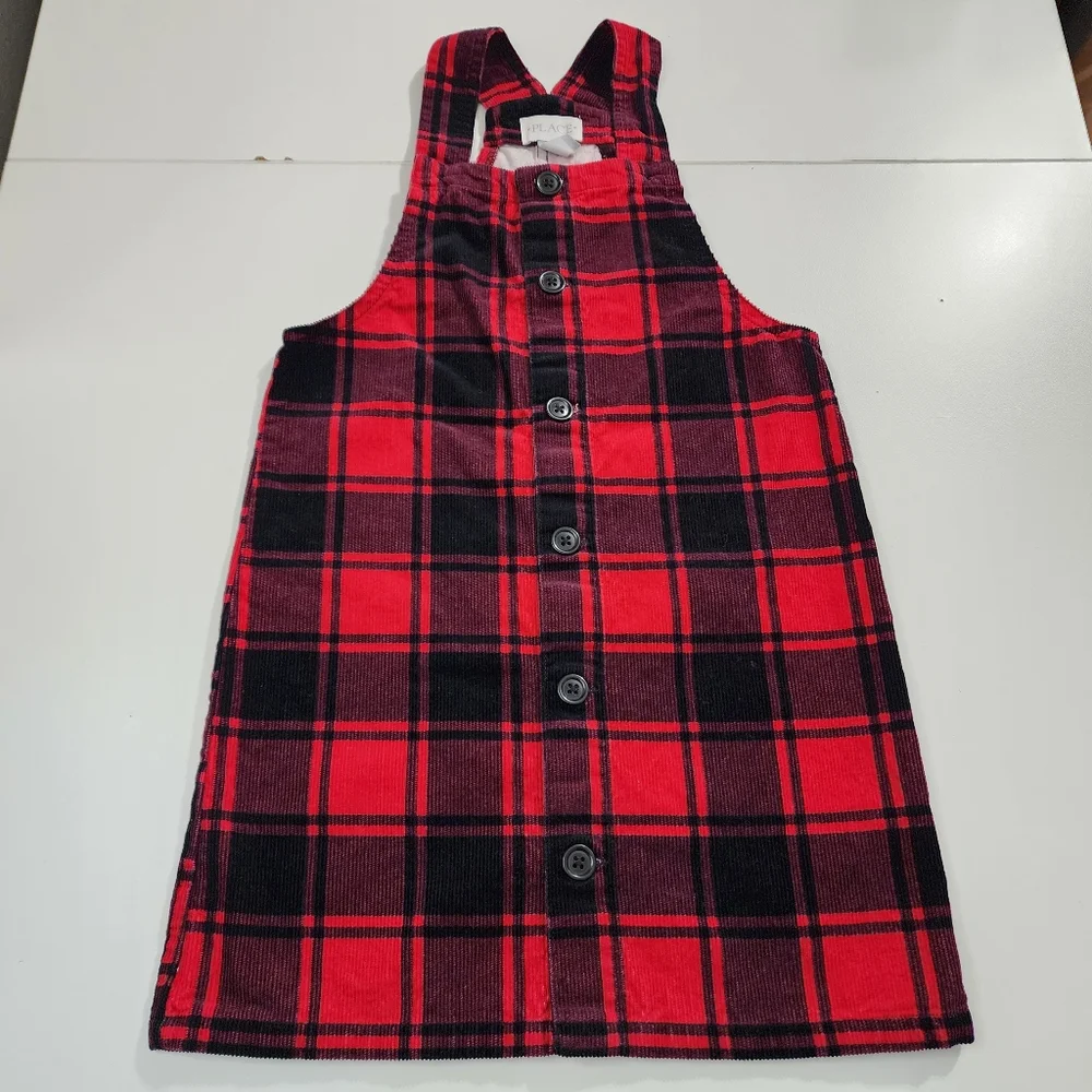 Girls Red & Black Buffalo Plaid Corduroy Overall Dress Dressalls Size 6x/7 - Picture 1 of 7